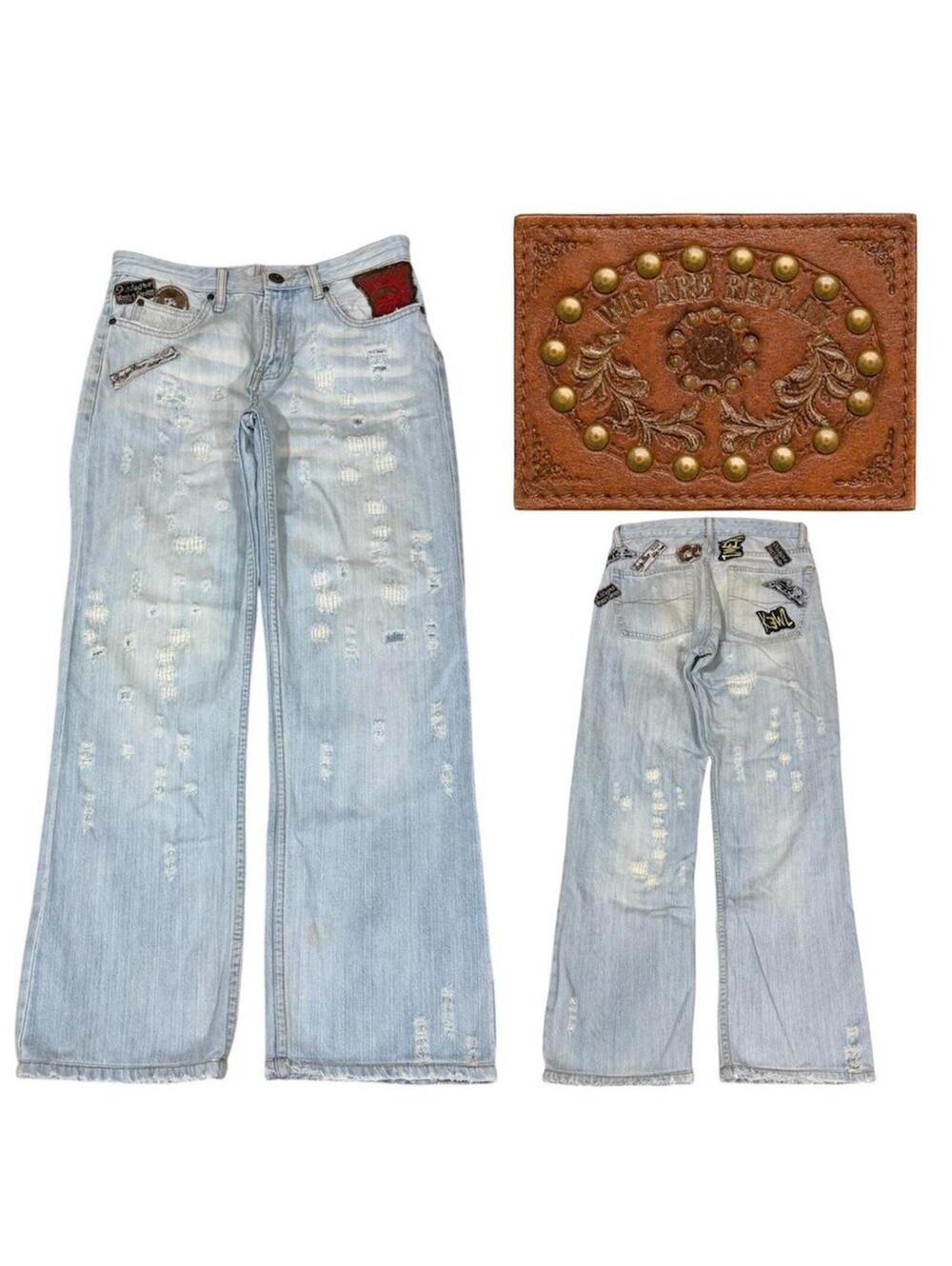 Replay Light wash denim jeans with patches and ripped look